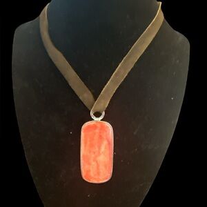 VIntage Janice Lee Ripley Coral Red Stone  YAK Pendant suede Necklace 925 silver